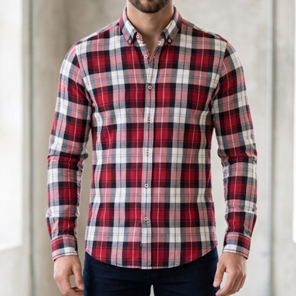 Zara Other - Zara Man Slim Fit Plaid Button Down Shirt Red Blue White Men's Size L